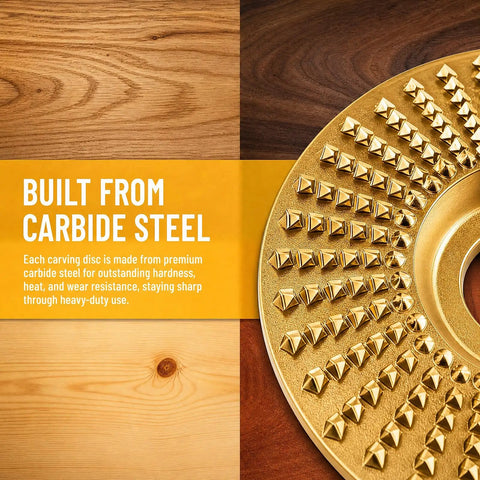 Three Piece Wood Carving Disc Kit For Angle Grinders showing carbide steel construction with gold tungsten carbide cutting wheel