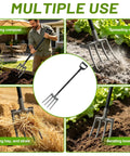 Rugged 46 Inch Garden Pitch Fork With Four Tines Heavy Duty Steel Ergonomic D Handle Anti Rust Coating Ideal For Digging Soil Turning Compost Loosening Dirt And Moving Hay Or Mulch used in garden.