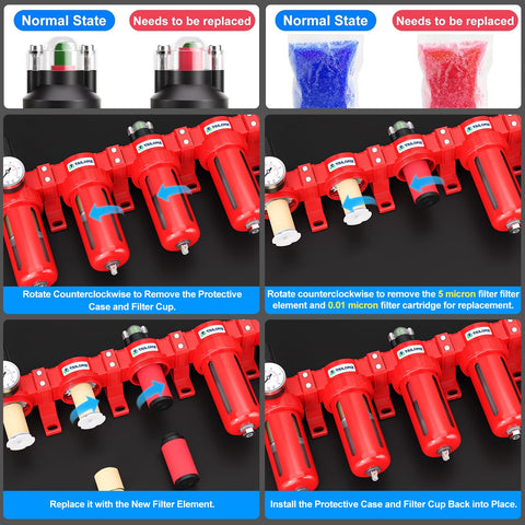 Beefed Up Industrial Grade 5 Stage Air Drying System With 0-150 PSI Regulation, 1/2 Inch NPT Red, filter installation steps
