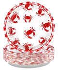 Stack of Heavy Duty Crab Boil Paper Plates, 9 Inch disposable party platters with red crab design for seafood feasts.