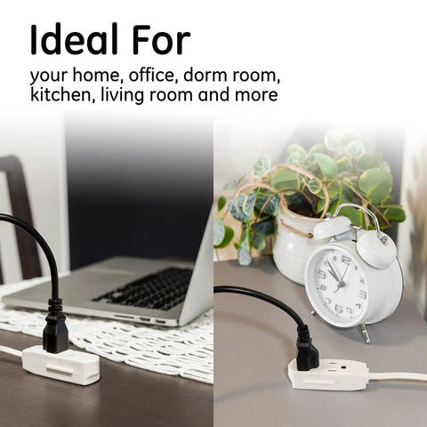 Three Outlet Extension Cord 8 Foot Grounded Power Strip With Flat Plug For Indoor Use Perfect For Home Office And Media Center Desk Setup, 16 Gauge Cable UL Listed White displayed on desk with devices