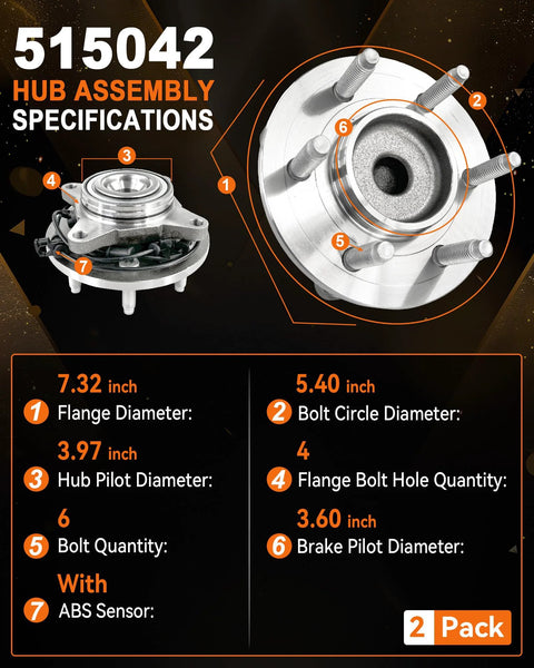 Specifications for 2 Pack Front Wheel Bearing Hub Assembly 515042 Fits Ford Expedition 2003 To 2006 And Lincoln Navigator 2003 To 2006 2WD 6 Lug Direct Fit Replacement Premium Aftermarket Upgrade