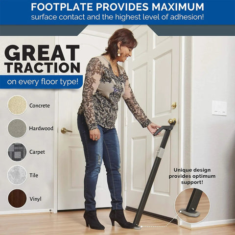 Person installing Heavy Duty Door Security Bar With One Ton Strength, Adjustable Aluminum Jammer for home security on door.