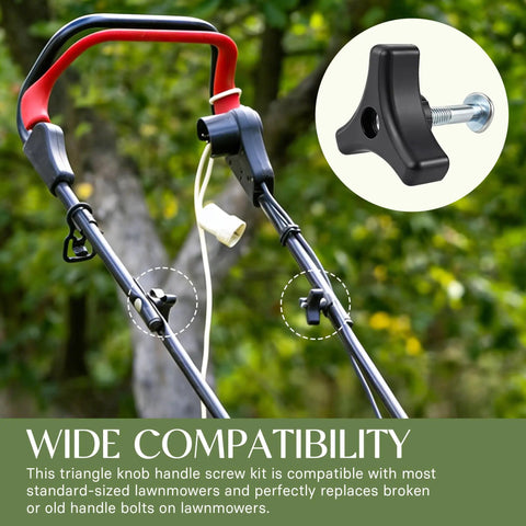 Two Pack Lawn Mower Handle Triangle Knob Kit with Bolts installed on lawnmower, showing compatibility and secure fit.