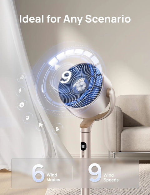 Smart Bedroom Floor Fan With Wi Fi Voice Control, 120 Degree Omni Directional Oscillation, Quiet Pedestal Fan With RGB Light
