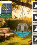 Solar Hanging Bird Bath Fountain with 5 Spray Heads Bubbler, blue 9.4-inch plastic bowl on chain in garden setting.