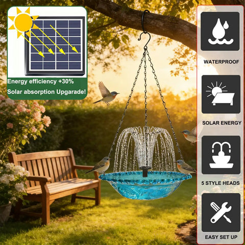 Solar Hanging Bird Bath Fountain with 5 Spray Heads Bubbler, blue 9.4-inch plastic bowl on chain in garden setting.