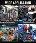Metlead hydraulic quick-connect fittings collage; wide application in manufacturing, automotive repair, fluids.