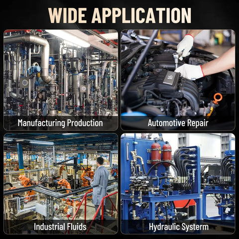 Metlead hydraulic quick-connect fittings collage; wide application in manufacturing, automotive repair, fluids.