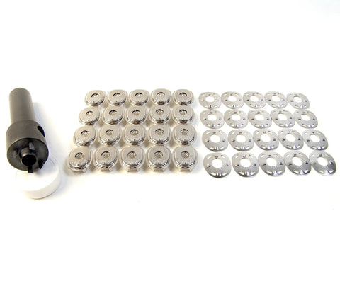 Top Shelf Lift The Dot Fastener Socket And Clinch Plate Set Comes With A Heavy Duty Hand Held Punch Tool For Marine Grade Nickel Brass Hardware including 20 fastener pieces.