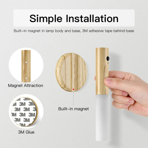 Motion Sensor Night Light Rechargeable Indoor Magnetic Wood LED Wall Sconce In White Ash installation details