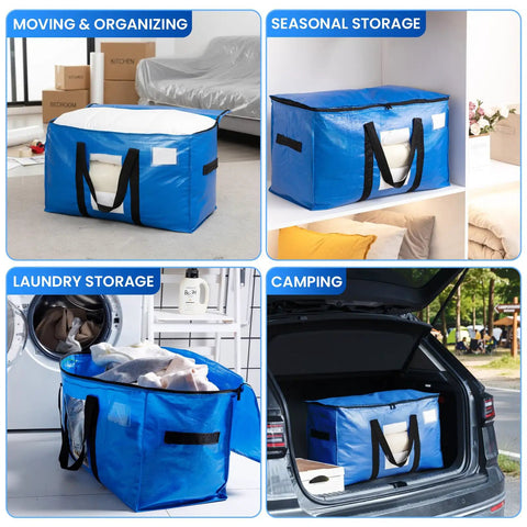 Extra Large Moving Bags 4 Pack Heavy Duty Storage Totes with see-through window displayed in various settings like storage and laundry