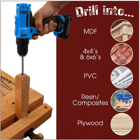 Using Pro Grade Extra Long 12 Inch Brad Point Drill Bit Set For Wood And More on wood block, 7 bits variety shown
