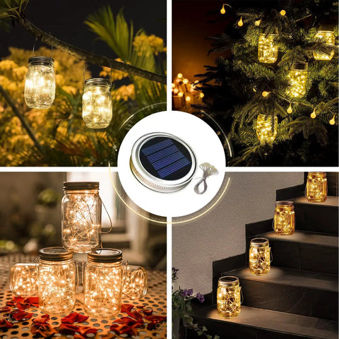 Collage of Three Pack Mason Jar Solar Lights Lids With Fairy LED Lights Outdoor Waterproof Lanterns For Garden Yard Decor
