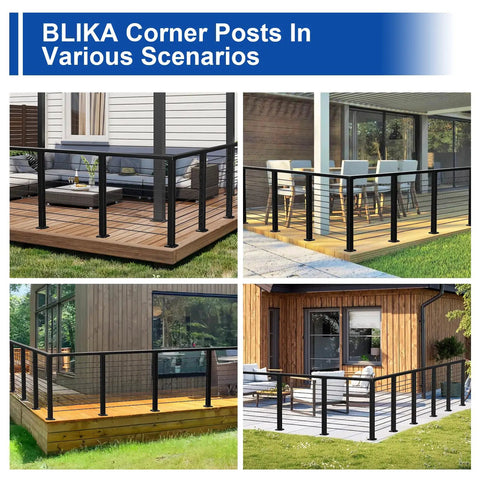 36 Inch Cable Railing Corner Post Three Side Drilled Surface Mount End Post For 90 Degree Turns installed on decks