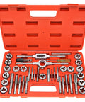 Front view of Axelord 40-piece metric tap and die set in orange case with taps, dies and accessories.