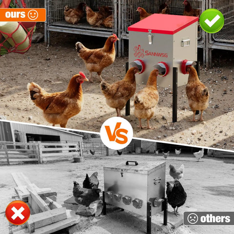 Comparison of Top Shelf Metal Chicken Feeder With 30 Pound Capacity and Six Accessible Ports with competitor's feeder.