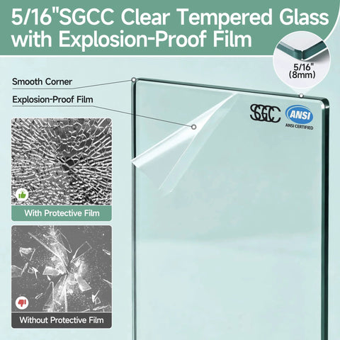 8mm clear tempered glass with explosion-proof film, showing smooth corner and protective film application, ANSI certified