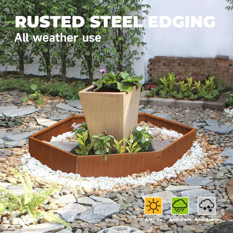 Pre-Rusted Weathering Steel Landscape Edging Kit For Gardens And Walkways, 12 Piece Set With 6 8 10 And 12 Inch Segments shown in garden