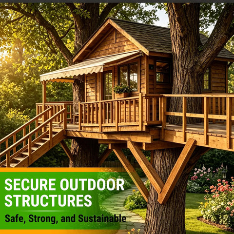 Beefy Heavy Duty Treehouse Bracket With Attachment Bolts For 1.25 Inch Lags Or TABs Static Support Plate High Strength Steel Powder Coated Black Load Bearing Treehouse Hardware on treehouse deck
