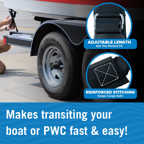 Heavy Duty 2 Inch By 48 Inch Boat Tie Down Straps For Trailer Marine Grade Transom Straps showing adjustable length and stitching.