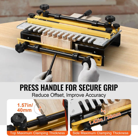 Rock Solid Dovetail Router Jig 12 Inch Width with clamping handle for secure grip and adjustable thickness settings.