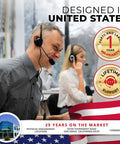 Man in headset at desk with warranty badges, Pro Grade Money Counting Scale illustration, designed in USA text overlay.