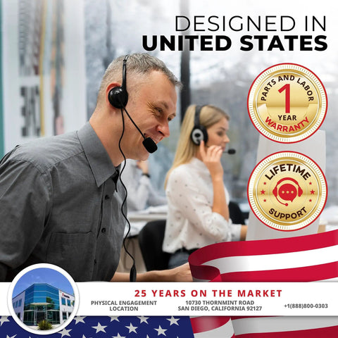 Man in headset at desk with warranty badges, Pro Grade Money Counting Scale illustration, designed in USA text overlay.