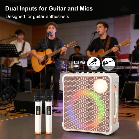 Party Ready Portable Karaoke Machine For Adults Outdoor With SOS Mode Bluetooth Guitar Amp Dual DSP Audio 9000mAh Battery Powered Speaker Backing Tracks For Backyard Parties White with mics.