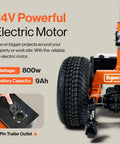Close-up of SuperHandy Electric Trailer Dolly with 24V electric motor, 800w wattage, showcasing wheel and trailer outlet.