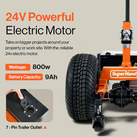 Close-up of SuperHandy Electric Trailer Dolly with 24V electric motor, 800w wattage, showcasing wheel and trailer outlet.