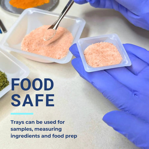 Disposable 7ml Weigh Boats In A 125 Pack Small Plastic Trays For Lab Weighing Dishes Polystyrene Food Safe Antistatic Lightweight And Durable For Mixing Measuring And Weighing Powders Liquids Supplements And Food Samples, holding pink powder