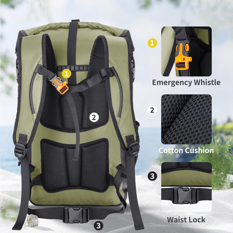 Back view of Roll-Top Waterproof Dry Bag Backpack 30L/40L for Travel, Kayaking, Boating, Beach, with emergency whistle, cushion, waist lock