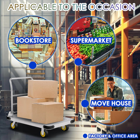 Heavy Duty Platform Cart With 6 Inch Wheels And 2000 Lbs Capacity Steel Large Flatbed Dolly in warehouse with boxes