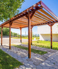 Wooden pergola structure with 4 Pack Heavy Duty Concrete Post Anchors For 4x4 And 4x6 Posts, Solid Steel Fence Post Base installed on patio