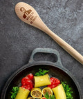 2 Piece Funny Wooden Spoons For Cooking The Office TV Show Gift engraved spoon on dark kitchen surface with food