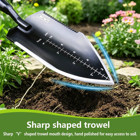 Heavy Duty Stainless Steel Garden Trowel With Non Slip Rubber Handle for Digging, serrated edge in soil