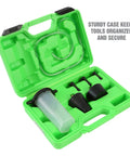 Open green case showing Power Steering And Brake Bleeder Kit For Air Removal After Fluid Changes Vacuum Adapter Kit components.