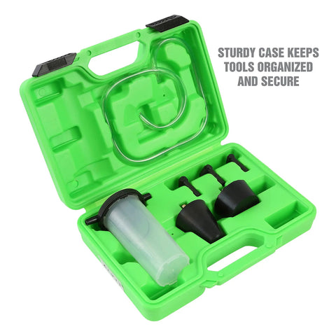Open green case showing Power Steering And Brake Bleeder Kit For Air Removal After Fluid Changes Vacuum Adapter Kit components.