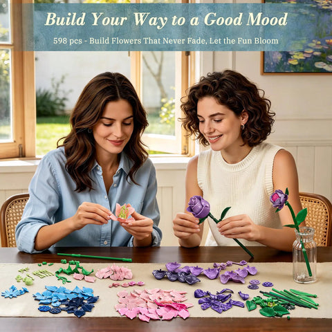 Monet Inspired Water Lily Bouquet Building Set With 603 ABS Bricks To Create A Dope Lifelike Flower Display For Adults And Art Lovers A Great Gift For Creative Home Decor, women assembling brick flowers