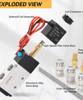 Exploded view of DC12V Pneumatic Solenoid Valve 4V210-08, two position five way, showing parts like coil assembly and air fittings.