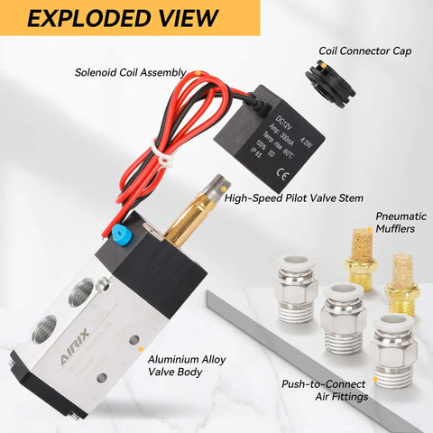 Exploded view of DC12V Pneumatic Solenoid Valve 4V210-08, two position five way, showing parts like coil assembly and air fittings.