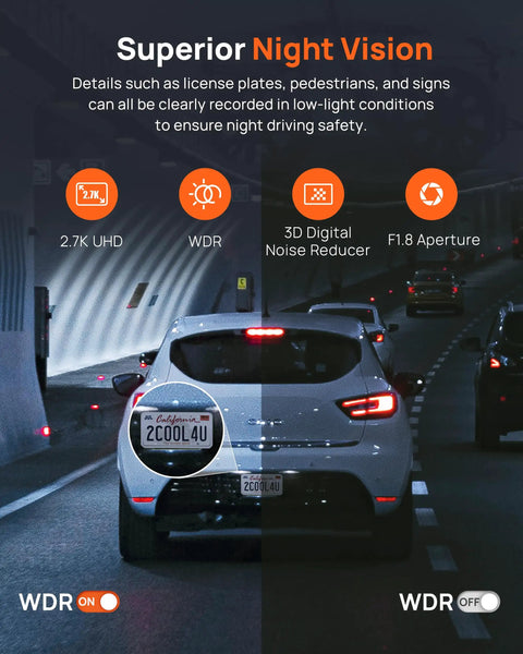 Nighttime road scene captured by 2.7K Front Dash Cam With Optional Rear Camera For Cars Featuring Sony IMX335 Sensor, Built In WiFi And GPS.