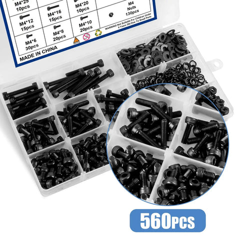 M4 Screw Assortment Kit With 130 M4 Screws And 130 Nuts, 300 Washers, Hex Socket Head Cap Bolts, Black Zinc Plated, in Box