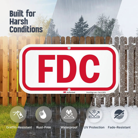 Heavy Duty 6X12 Inch Fire Department Connection FDC Sign With 3M Engineer Grade Reflective Film shown in harsh weather conditions.