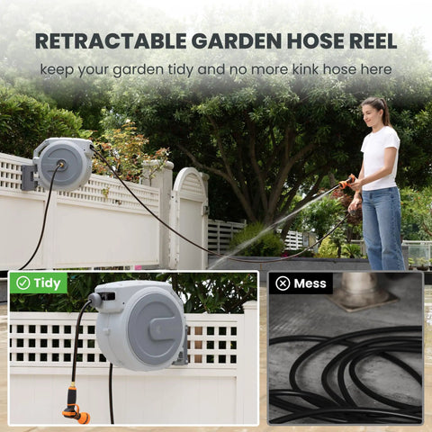 Heavy Duty Retractable Garden Hose Reel 130 Ft Half Inch Hybrid Hose with auto rewind mounted on outdoor wall in use