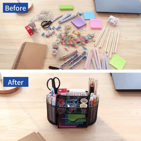 Before-after desk transformation with Mesh Desk Organizer With Eight Compartments And One Drawer Pencil Holder For Desk Office Supplies Storage School Stationery Tray Must Have Multicompartment Caddy For Home Office And Study Area