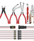 Heavy Duty 11 Piece Electrical Disconnect Pliers And Wire Stripper Kit With Hose Clamp Tool and six 2 pin connector sets arranged on a white background.