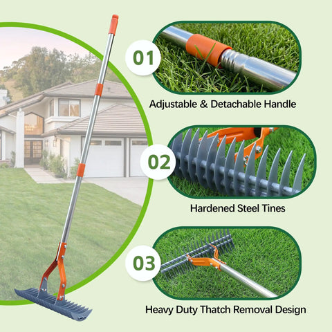 74 Inch Heavy Duty Metal Dethatcher Rake With Hardened Steel Tines, Detachable Handle for Lawn Thatch and Dead Grass Removal