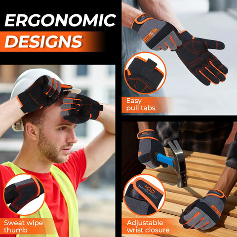Mens Womens Work Gloves Touch Screen Safe Mechanic Utility Gloves Flexible Breathable Spandex Back Grippy Palm For Safer Grip All Day Comfort Durable For Construction Garden DIY Outdoor Jobsite Orange Medium shown in various uses.